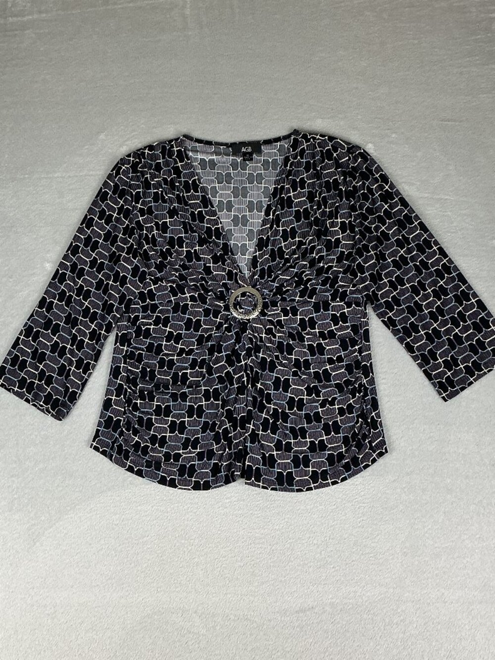 AGB Women's Purple Blouse V-Neck Buckle Twist 3/4 Sleeve Made in USA.